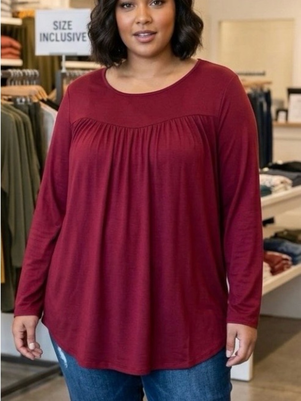 Plus-Size Long Sleeve Gathered Yoke Tee - Burgundy